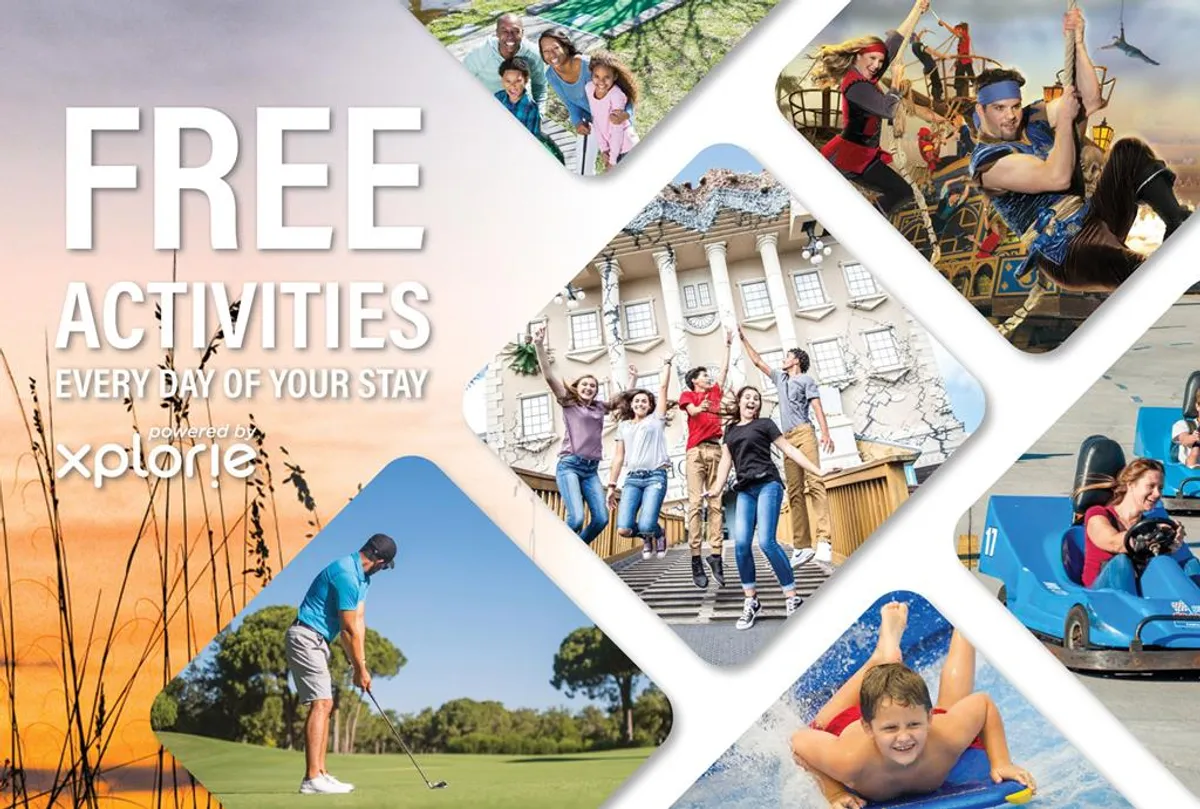 An interior image alive with energy, showing a family and groups of friends enjoying a mix of activities—from golfing and water fun to amusement park rides. The scene exudes joy and togetherness, highlighting a diversity of experiences available for all ages.
